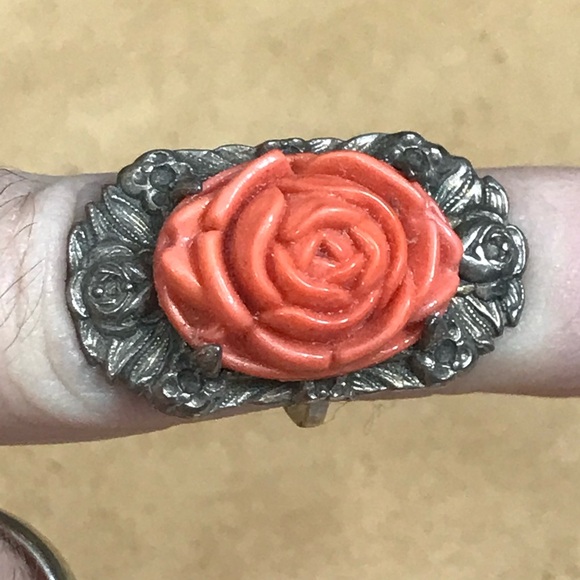Coral Rose Silver Art Deco Style Ring size 4.25 - Picture 7 of 16